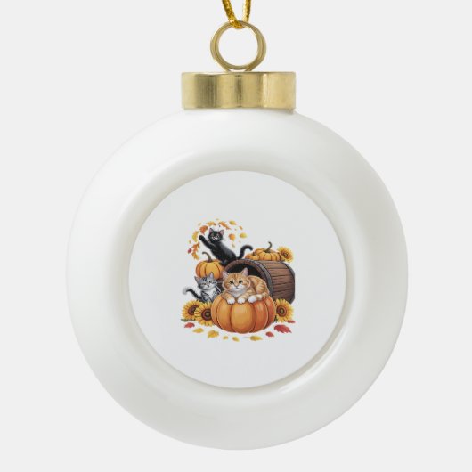 Katten Herfst Herfst Pompoenen Thanksgiving Zonneb Keramische Bal Ornament (Voorkant)