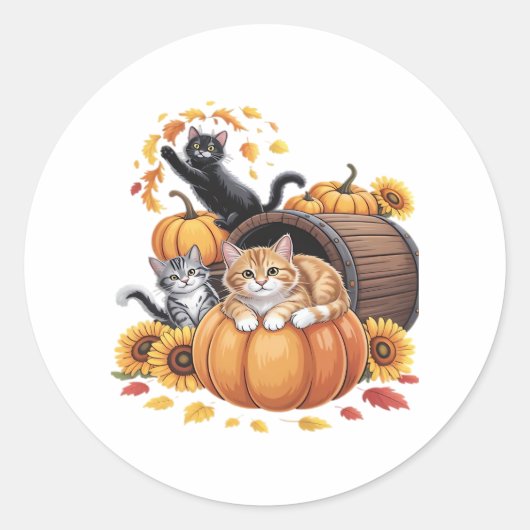 Katten Herfst Herfst Pompoenen Thanksgiving Zonneb Ronde Sticker (Voorkant)
