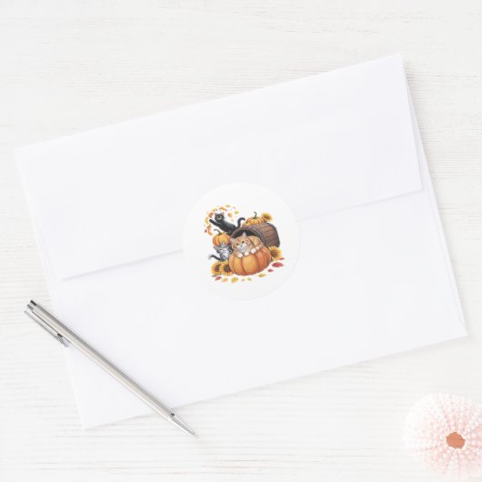 Katten Herfst Herfst Pompoenen Thanksgiving Zonneb Ronde Sticker (Envelop)