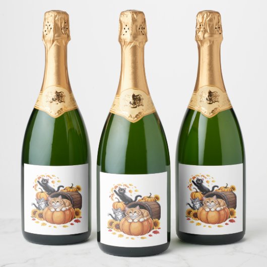 Katten Herfst Herfst Pompoenen Thanksgiving Zonneb Sparkling Wijnetiket (Flessen)