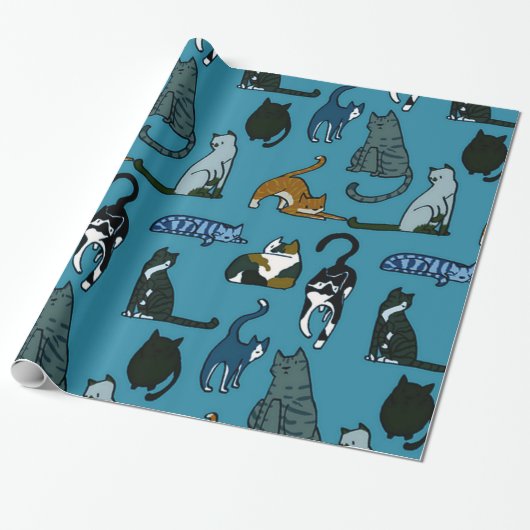 Katten hoek kattenpatroon Blauwgroen inpakpapier (Uitgerold)