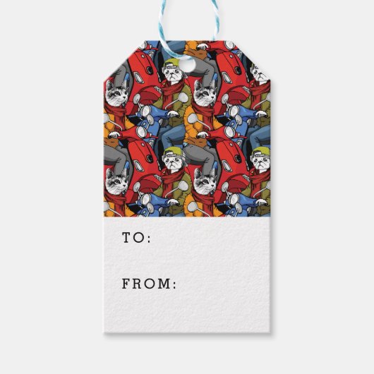 Katten & honden scooter patroon | Jouw tekst toevo Cadeaulabel (Voorkant)