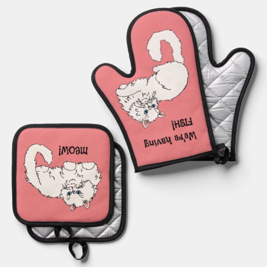 Katten houden van vis ovenwant & pannenlap set (Voorkant / Achterkant)