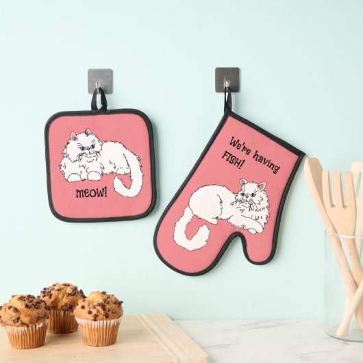 Katten houden van vis ovenwant & pannenlap set (Insitu(Ophanging))