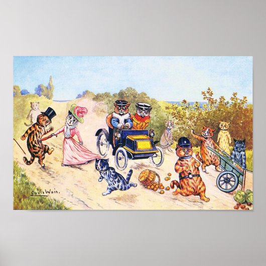 Katten in auto, Louis Wain Poster (Voorkant)
