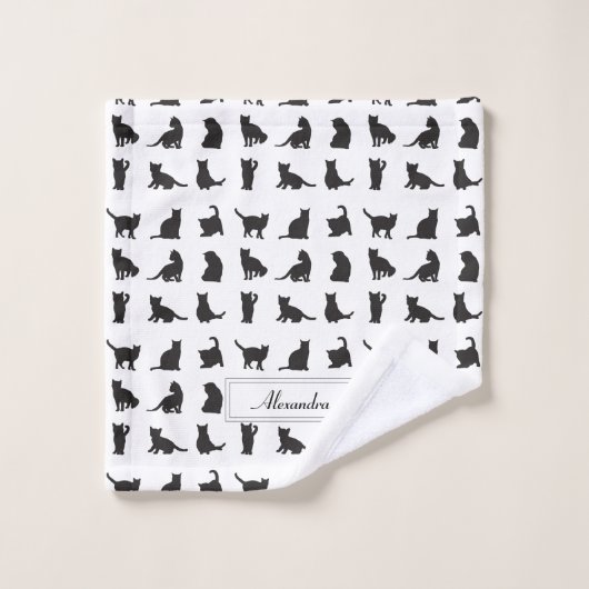 Katten in Black Silhouette Pattern met voornaam Bad Handdoek (Wasdoekje)