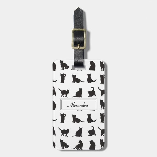 Katten in Black Silhouette Pattern met voornaam Bagagelabel (Voorkant verticaal)
