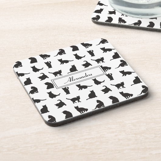 Katten in Black Silhouette Pattern met voornaam Bier Onderzetter (Linkerzijde)