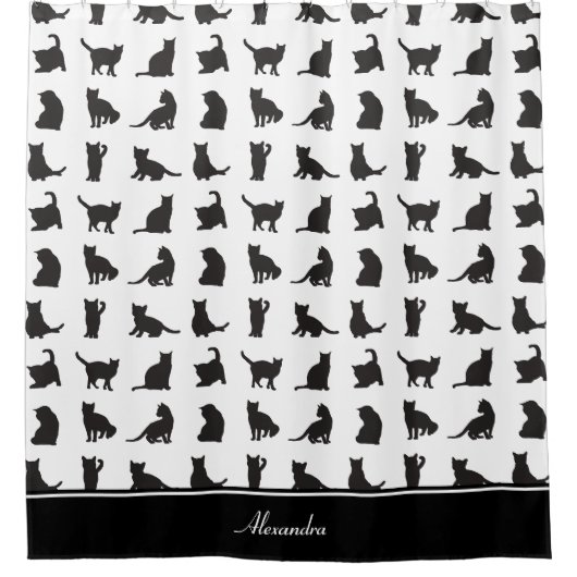 Katten in Black Silhouette Pattern met voornaam Douchegordijn (Voorkant)
