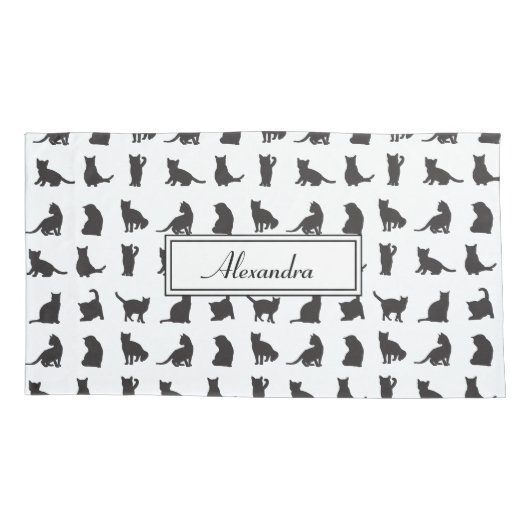 Katten in Black Silhouette Pattern met voornaam Kussensloop (Achterkant)