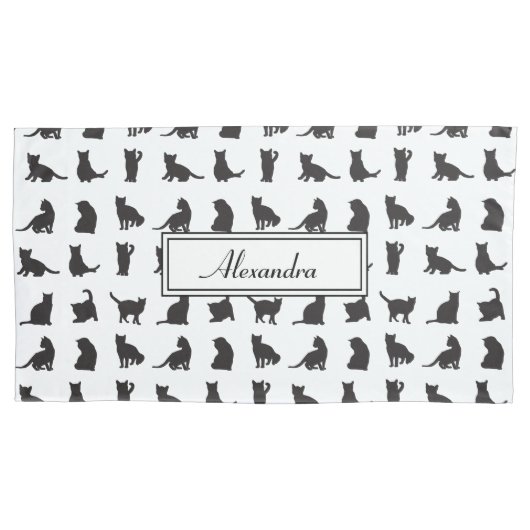 Katten in Black Silhouette Pattern met voornaam Kussensloop (Voorkant)