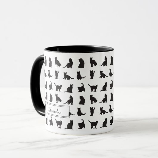 Katten in Black Silhouette Pattern met voornaam Mok (Voorkant links)