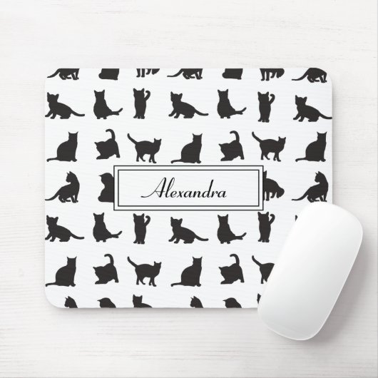 Katten in Black Silhouette Pattern met voornaam Muismat (Met muis)