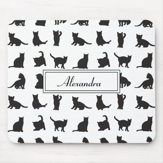 Katten in Black Silhouette Pattern met voornaam Muismat (Voorkant)