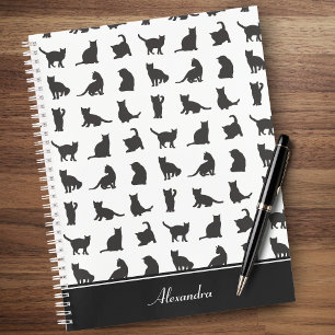 Katten in Black Silhouette Pattern met voornaam Notitieboek