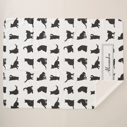 Katten in Black Silhouette Pattern met voornaam Sherpa Deken (Voorkant (horizontaal))