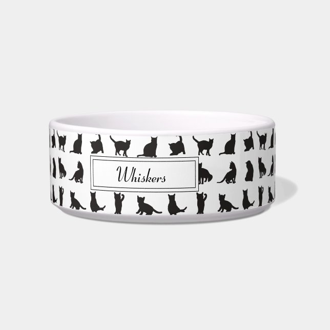 Katten in Black Silhouette Pattern met voornaam Voerbakje (Voorkant)