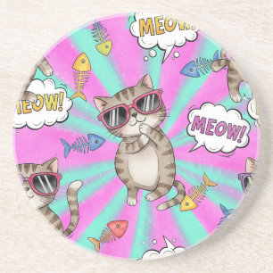 Katten in brillen, Pop Art, door Natasha Us   Zandsteen Onderzetter