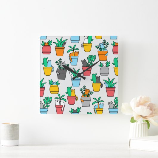 Katten in de bloempotten vierkante klok (Huis)