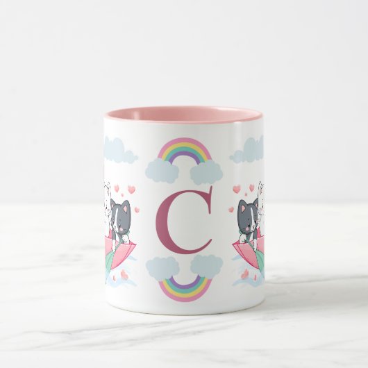 Katten in de paraplu boot met harten Monogram Mok (Midden)