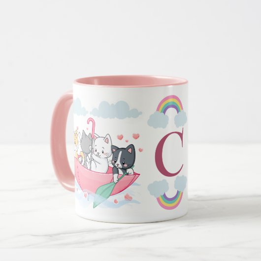 Katten in de paraplu boot met harten Monogram Mok (Voorkant links)
