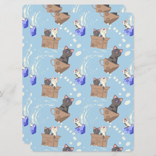 Katten in doos en melkdruppels op blauw (Voorkant / Achterkant)