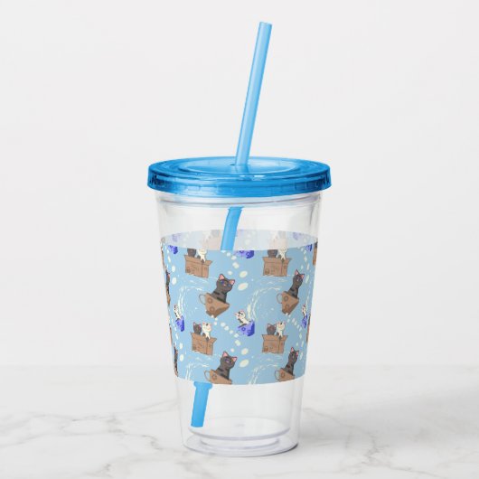 Katten in doos en melkdruppels op blauw acryl drinkbeker (Achterkant)