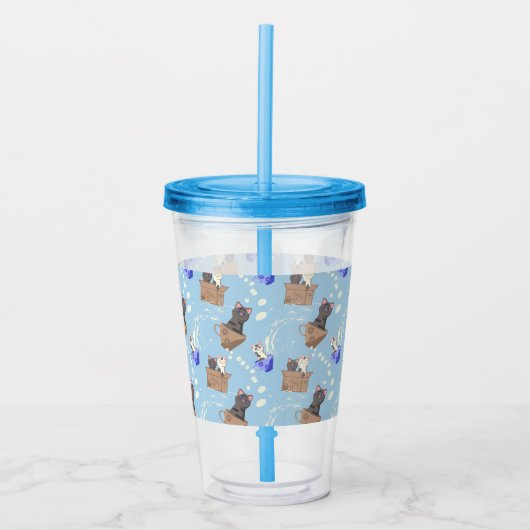 Katten in doos en melkdruppels op blauw acryl drinkbeker (Voorkant)