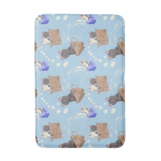 Katten in doos en melkdruppels op blauw badmat (Voorkant Verticaal)