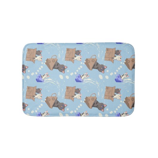 Katten in doos en melkdruppels op blauw badmat (Voorkant)