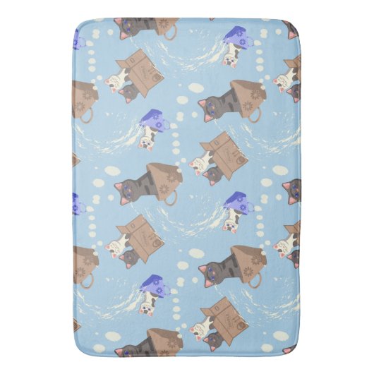 Katten in doos en melkdruppels op blauw badmat (Voorkant Verticaal)