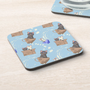 Katten in doos en melkdruppels op blauw bier onderzetter