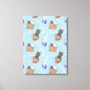 Katten in doos en melkdruppels op blauw canvas afdruk
