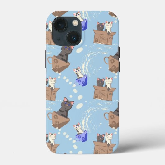 Katten in doos en melkdruppels op blauw Case-Mate iPhone case (Achterkant)