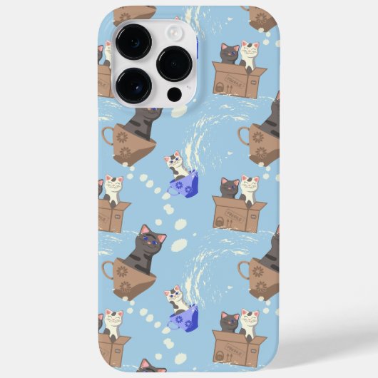 Katten in doos en melkdruppels op blauw Case-Mate iPhone case (Achterkant)