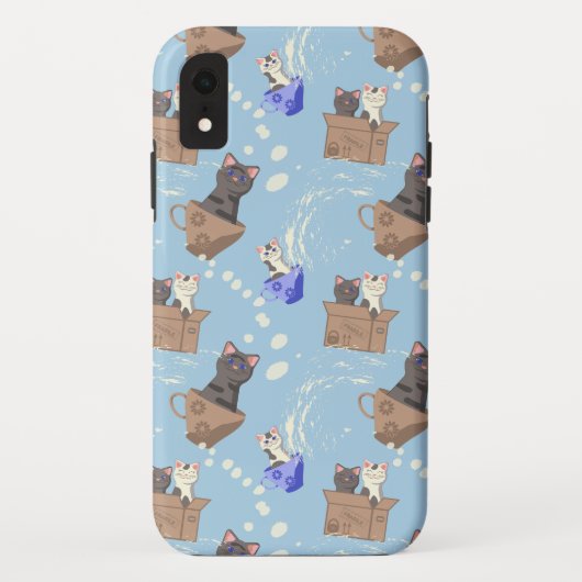 Katten in doos en melkdruppels op blauw Case-Mate iPhone case (Achterkant)