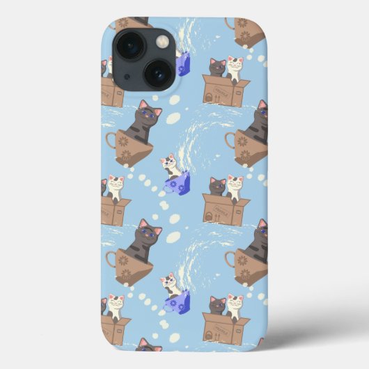 Katten in doos en melkdruppels op blauw Case-Mate iPhone case (Achterkant)