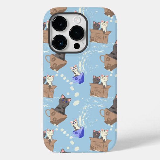 Katten in doos en melkdruppels op blauw Case-Mate iPhone case (Achterkant)