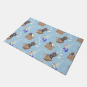 Katten in doos en melkdruppels op blauw deurmat (Schuin)