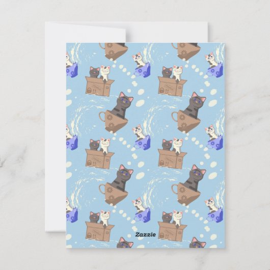 Katten in doos en melkdruppels op blauw feestdagenkaart (Achterkant)