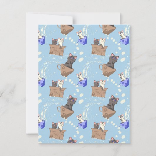 Katten in doos en melkdruppels op blauw feestdagenkaart (Voorkant)