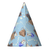 Katten in doos en melkdruppels op blauw feesthoedjes (Achterkant)