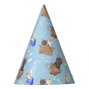 Katten in doos en melkdruppels op blauw feesthoedjes
