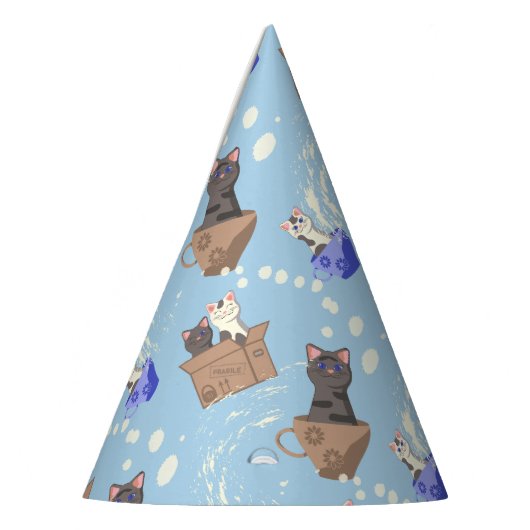 Katten in doos en melkdruppels op blauw feesthoedjes (Links)