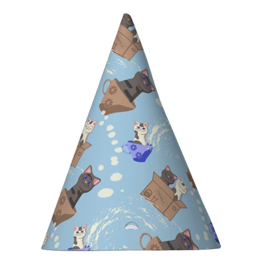 Katten in doos en melkdruppels op blauw feesthoedjes (Rechts)