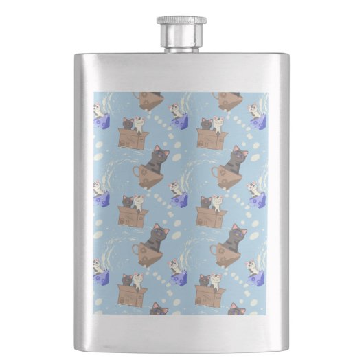 Katten in doos en melkdruppels op blauw flacon (Voorkant)