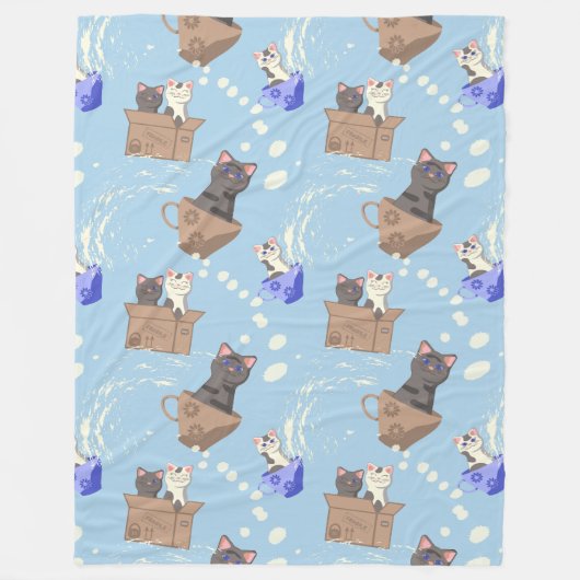 Katten in doos en melkdruppels op blauw fleece deken (Voorkant)