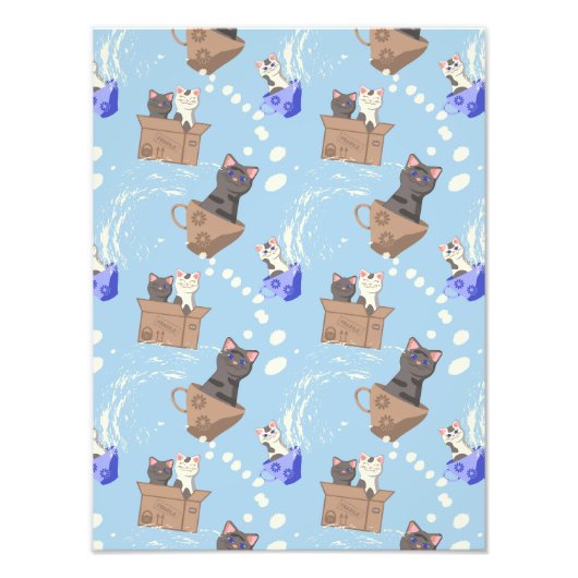 Katten in doos en melkdruppels op blauw foto afdruk (Voorkant)