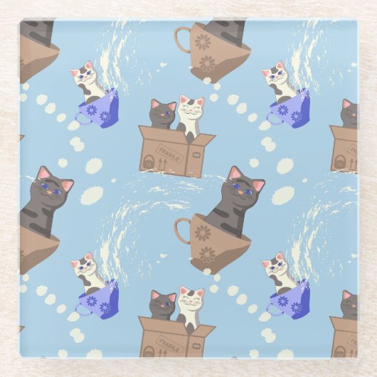 Katten in doos en melkdruppels op blauw glazen onderzetter (Voorkant)