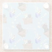 Katten in doos en melkdruppels op blauw glazen onderzetter (Achterkant)